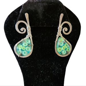 Millefiori Glass 925 Silver Green Earrings